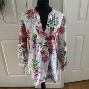 Soft Surroundings Floral Pintuck Balloon Sleeve V Neck Cotton Tunic- Size L